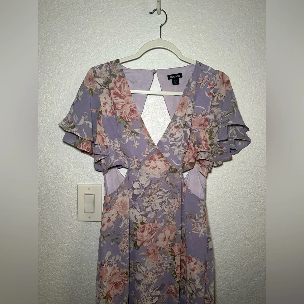 Floral Lavender Maxi Print Angel Sleeve Long Cut Out Open Back Dress - Picture 5 of 7